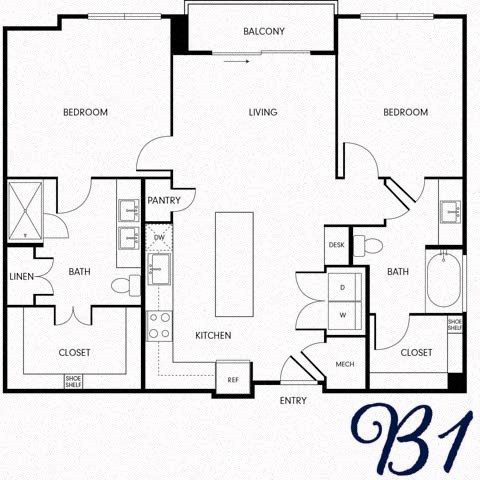 Floor plan for 2 beds, 2 baths, 1143 sqft